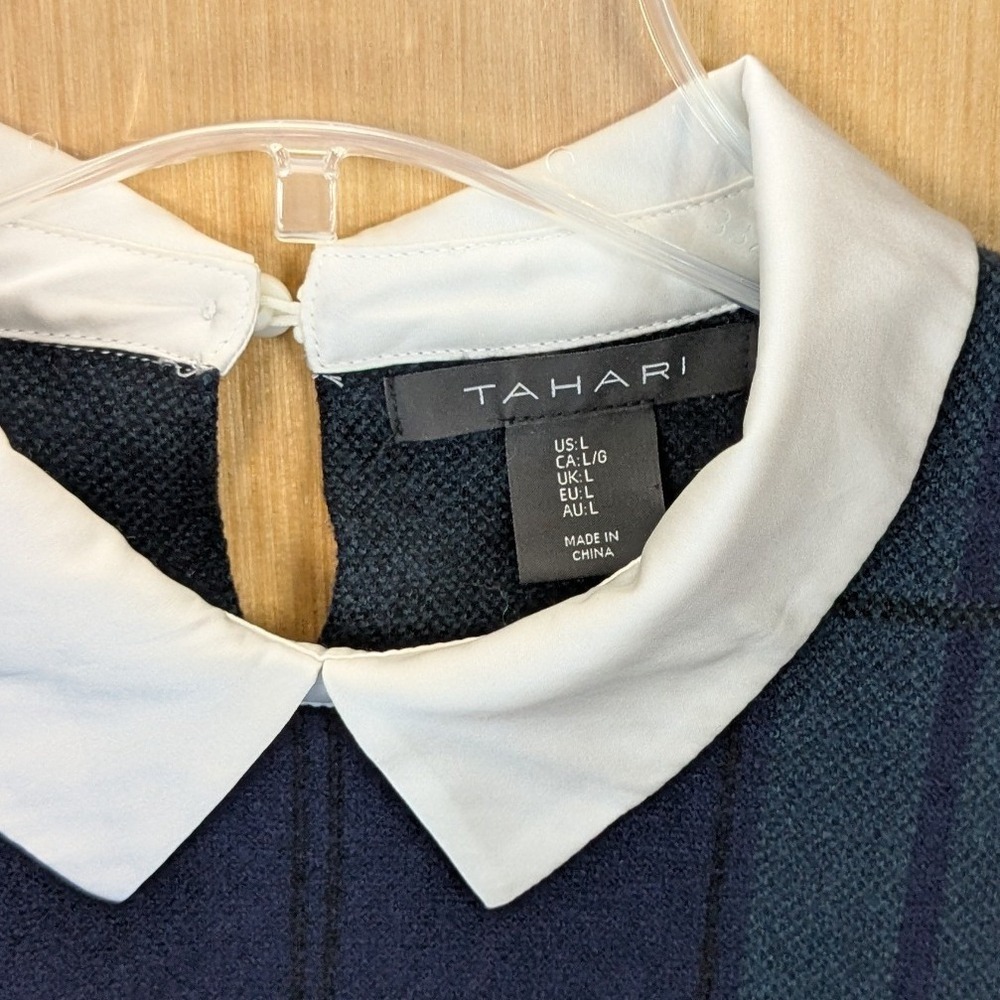 Tahari Women Preppy Academia Old Money Blue Green Plaid Layered Sweater Large - Picture 2 of 8